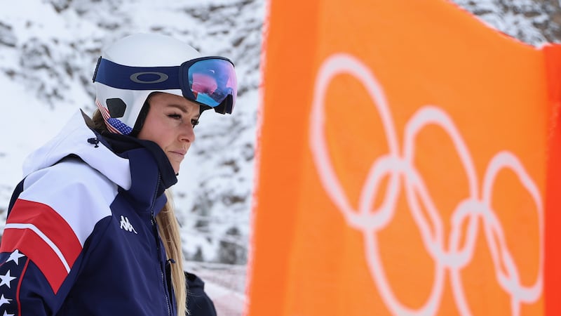 United States' Lindsey Vonn concentrates ahead of an alpine ski, women's downhill official...
