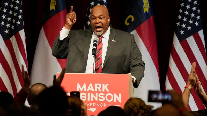 FILE - North Carolina Lt. Gov. Mark Robinson, Republican candidate for governor, speaks at an...