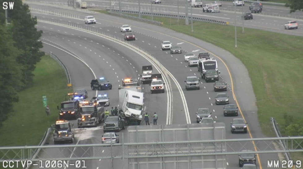 A crash closes several lanes on I-77 in Huntersville on May 19, 2025. Image courtesy of the...