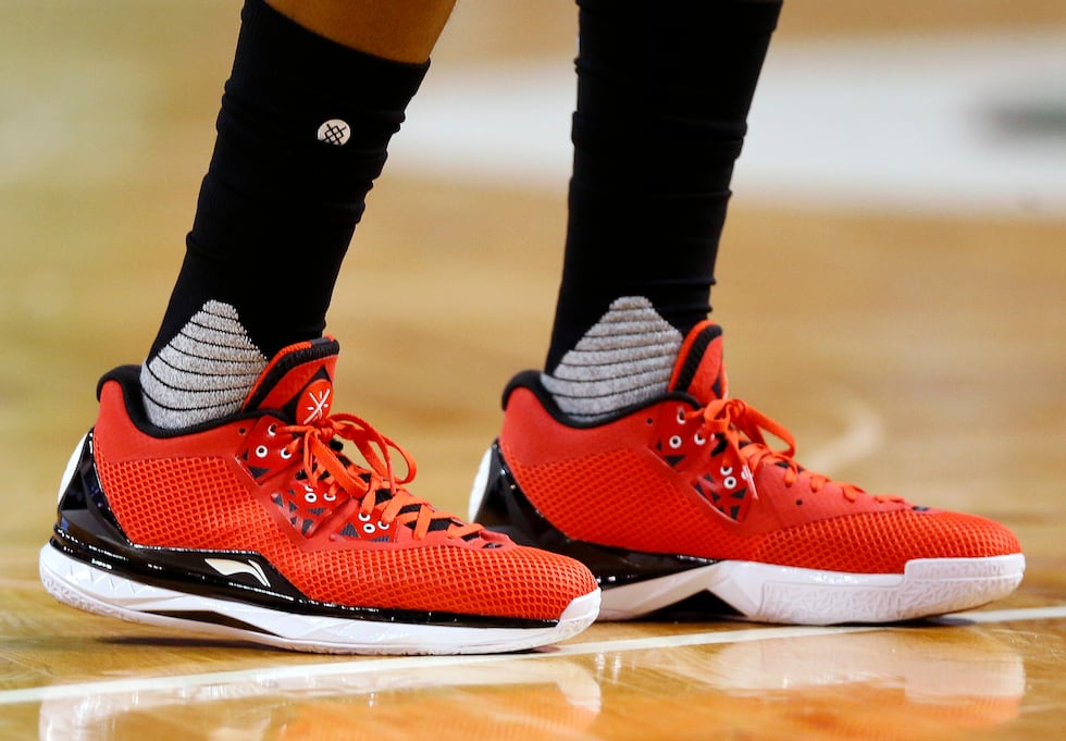 The Li Ning shoes of Miami Heat's Dwyane Wade are seen during the half quarter of an NBA...