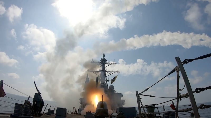 This image from video provided by U.S. Central Command shows a missile being launched from...