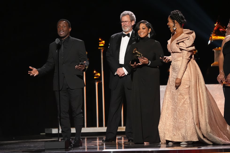 Kwame Ryan, from left, Blanton Alspaugh, Janai Brugger, and J'Nai Bridges accept the award for...
