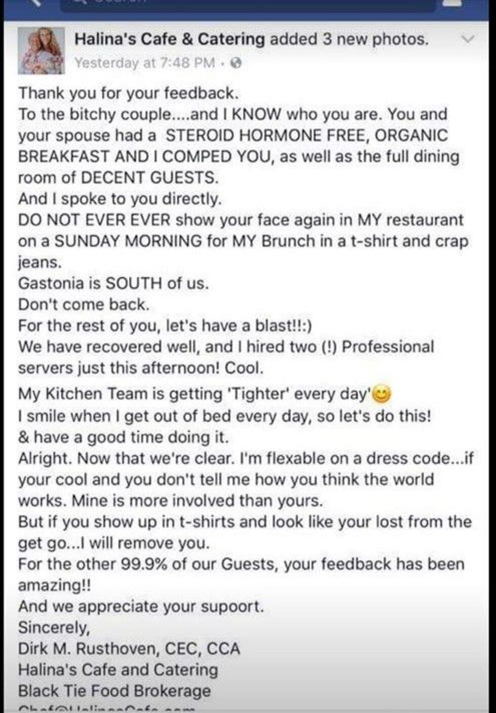 Dirk Rusthoven Owner received death threats after local restaurant's Facebook post ...