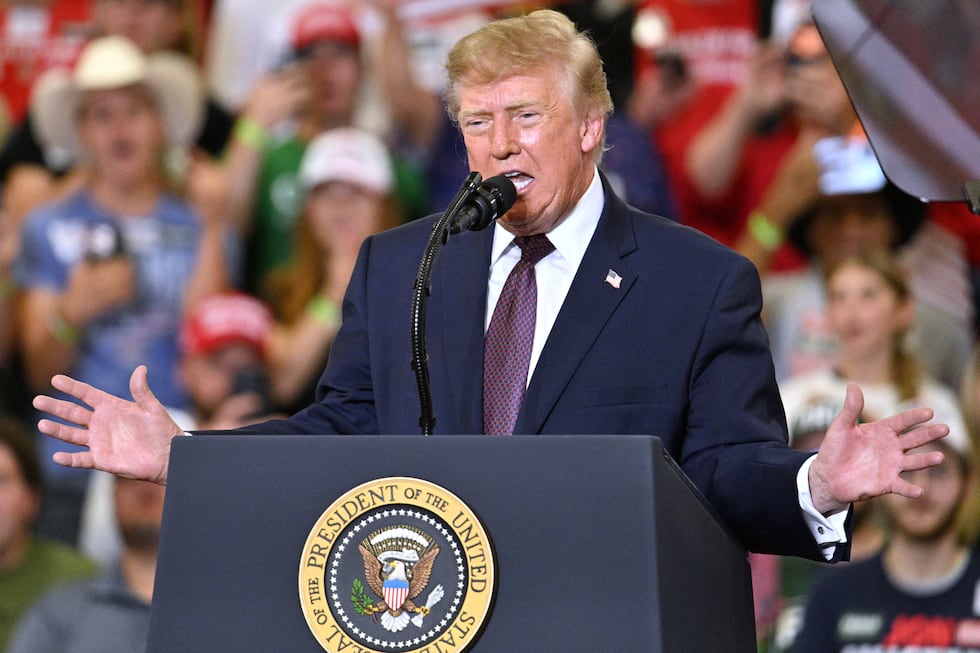 President Donald Trump speaks at a campaign rally at the Shoemaker Center at Ohio University...