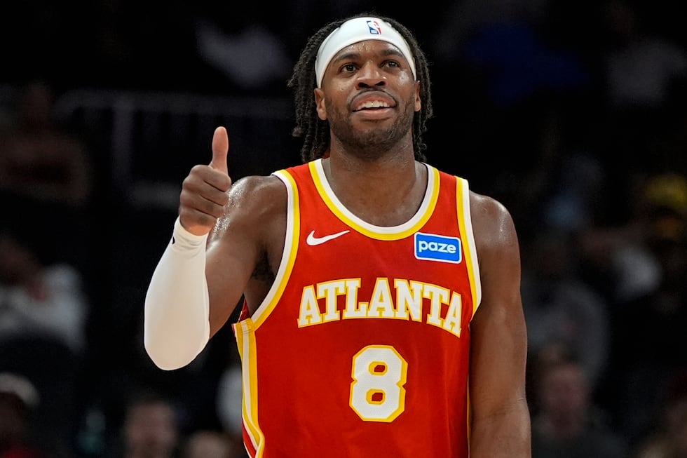 Atlanta Hawks guard Buddy Hield (8) reacts to play against the Memphis Grizzlies during the...