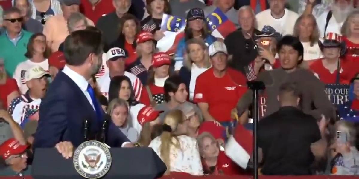 ‘Release the Epstein files!’ Protester escorted out after interrupting JD Vance at North Carolina rally